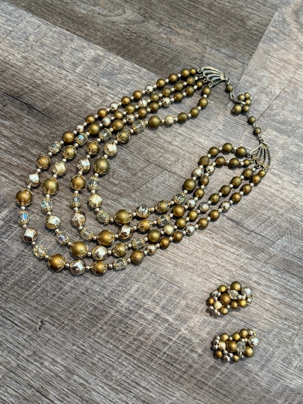 Vintage 1950s Japanese Gold & Aurora Borealis Crystal Four Strand Necklace
